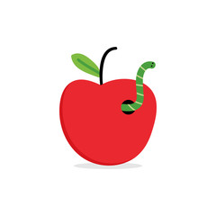 Fresh red apple with worm, cute vector cartoon icon, illustration.