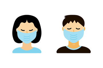 People, man and woman, wearing medical face masks protecting themselves from virus, coronavirus, airborne diseases.
