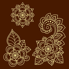 Set of Mehndi flower pattern for Henna drawing and tattoo. Decoration in ethnic oriental, Indian style. Doodle ornament. Outline hand draw vector illustration.