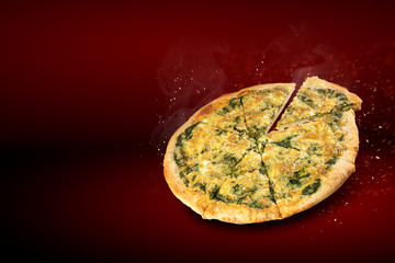 Italian traditional pizza concept on color background, levitated with steam and particles. Ideal for designers with copy space