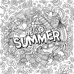 Hello Summer hand drawn cartoon doodles illustration. Funny seasonal design.