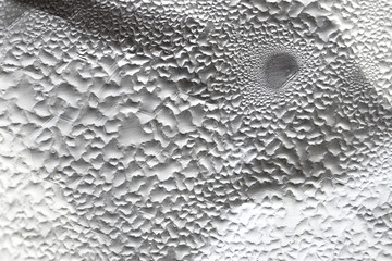Water Drops On Foil Grey White Background, Texture colorful water drop. Abstract detail of moisture condensation problems, hot water vapor condensed on foil close up