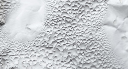 Water Drops On Foil Grey White Background, Texture colorful water drop. Abstract detail of moisture condensation problems, hot water vapor condensed on foil close up