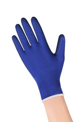 Gloves for putting on compression hosiery. Latex medical rubber gloves. Fabric knitted blue woven gloves, human hand is wearing a medical gloves isolated on white background