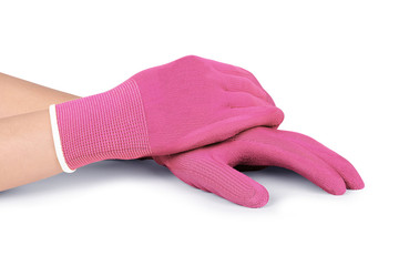 Gloves for putting on compression hosiery. Latex medical rubber gloves. Fabric knitted blue woven gloves, human hand is wearing a medical gloves isolated on white background