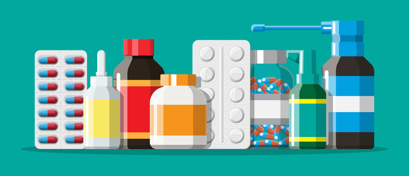 Medicine collection. Set of bottles, tablets, pills, capsules and sprays for illness and pain treatment. Medical drug, vitamin, antibiotic. Healthcare and pharmacy. Vector illustration in flat style