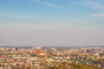 Beautiful view from the Tadeusz Kosciuszko mound in Krakow, Poland. Selective focus.
Kosciuszko mound is city landmark from 1823, dedicated to Polish and American military hero Tadeusz Kosciuszko