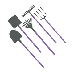 Set of garden tools: spade, rakes, pitchforks, shovels. Collection of agriculture instruments isolated on white background. Work with soil farm equipment. Vector illustration in flat style