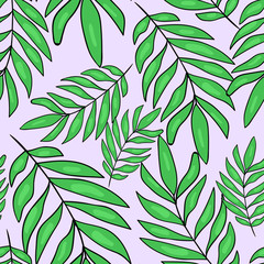 Seamless vector pattern with green leaves on pink background. Wallpaper, fabric and textile design. Good for printing. Cute wrapping paper pattern with fresh green leaves.