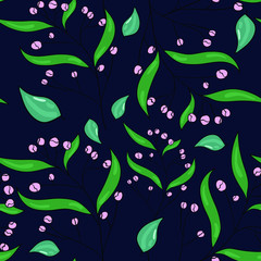 Seamless vector pattern with wildflowers and green leaves on dark blue k background. Good for printing. Wallpaper, fabric and textile design. Cute floral wrapping paper pattern.
