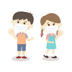 little Boy and Girl wearing Mask Vector