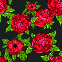 Seamless vector pattern with red roses and green leaves on black background. Good for printing. Wallpaper, fabric and textile design. Cute floral wrapping paper pattern.