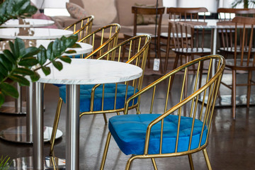 Modern cafe interior, classic blue color of the year 2020.