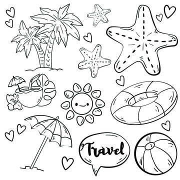 Contour vector illustration with sun, umbrella, starfish, palm, cocktail and swimming boll on white background. Good for printing. Coloring book ideas. Postcard and logo elements. Isolated set.