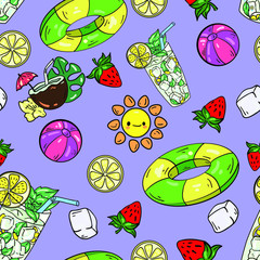 Seamless vector pattern with lemonade,  swimming pool, ball, sun, cocktail and ice on purple background. Wallpaper, fabric and textile design. Good for printing. Cute summer wrapping paper pattern.