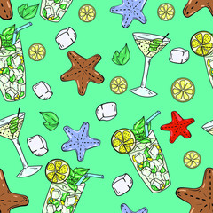 Seamless vector pattern with a summer party, starfish, ice, lemon and lemonade on green background. Wallpaper, fabric and textile design. Good for printing. Cute summer wrapping paper pattern.