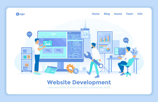 Website Development, Programming, Optimization. Team of web developers working on computer, building site, programming code. landing web page design template decorated with people characters.