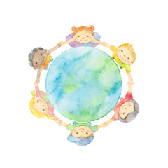 手を繋ぐ子どもたちと地球