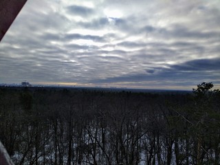 Aerial panoramic view of snowy forest and city