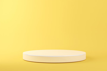 3d rendering scene with composition empty cylinder podium for cosmetic product presentation & abstract background. Mockup Geometric shape in yellow pastel colors. Minimal design empty space.