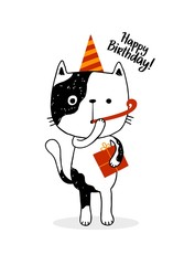 Funny hand drawn cat with a present in a birthday hat with a whistle. Happy birthday flat vector illustration with text for gift cards