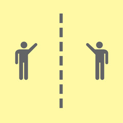 Social distancing pictogram. Two human figures standing straight greeting keeping distance from each other. Separation sign. Personal space barrier dotted line. Clear message of sickness prevention.
