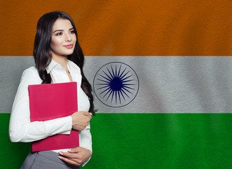 Young woman with red book. Learn or business concept