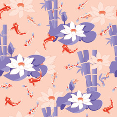 Fototapeta na wymiar Japanese bright seamless pattern with tropical fish and lotus flowers. Vector illustration in purple and pink colors endless texture for fabric, bedding and textiles.