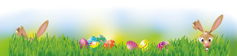Langer Osterbanner mit Hasen und bunten Eiern.