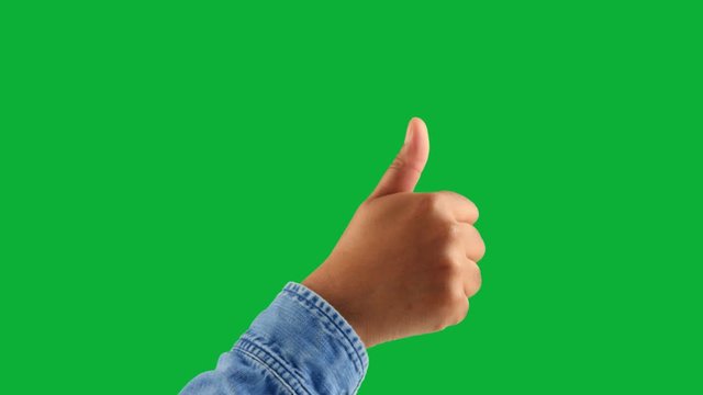 male hand on jeans shirt thumbs up, victory and ok gestures on green chromakey one click keying