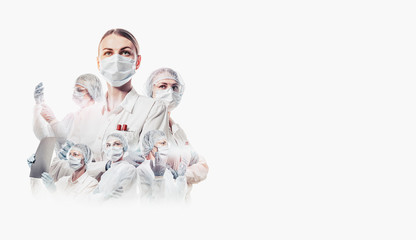 team of female doctors on a white background with place for text