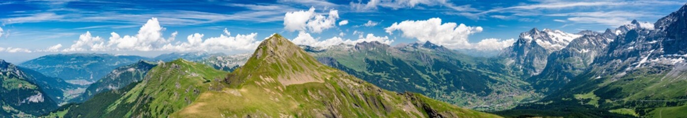 Switzerland, Panoramic view on Grindelwald valley and Wetterhorn and green Alps around