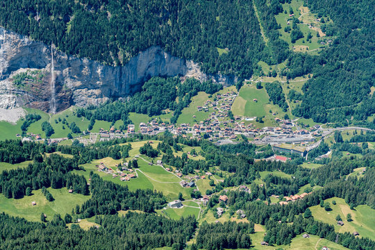 Switzerland, Panoramic view on Lauterbrunnen from above