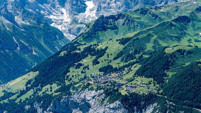 Switzerland, Panoramic view on Murren from above