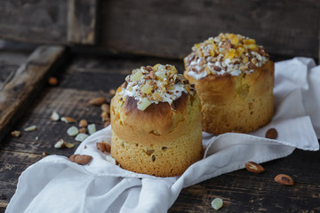 Easter cake. Easter holiday. Freshly baked Easter and decorated on a white towel