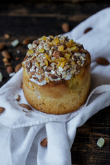 Easter cake. Easter holiday. Freshly baked Easter and decorated on a white towel