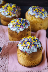 Easter cake. Easter holiday. Freshly baked Easter and decorated on a white towel