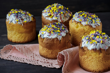 Easter cake. Easter holiday. Freshly baked Easter and decorated on a white towel