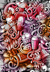 Ice cream hand drawn doodle banner. Cartoon detailed flyer.