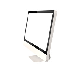 High Angle View of Blank PC Monitor Isolated on White Background. Realistic 3D Render of White Modern Sleek Screen.
