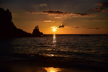 Sunset at Mahe Seychelles. Romantic place for engagement. Relax on vacation.