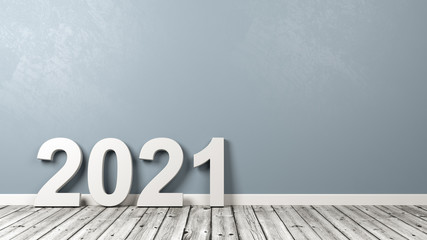 2021 Number Text on Wooden Floor Against Wall - obrazy, fototapety, plakaty