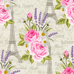 Seamless floral pattern with Eiffel towers on vintage postcard background. Vector illustration