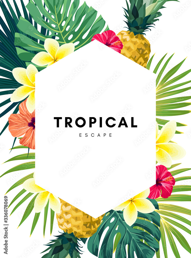 Wall mural green summer tropical background with exotic monstera palm leaves, pineapples, plumeria and hibiscus - Wall murals