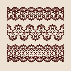 Set floral geometric borders. Collection of decorative panel templates. The drawing is suitable for cutting paper, printing, laser cutting or engraving wood, metal. Manufacturer of stencils. Vector