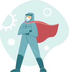 Doctor wearing full protective gear in superhero cape flat vector concept for coronavirus outbreak