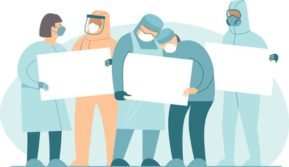 Doctors Hospital medical staff holding empty boards with copy space in hands. 