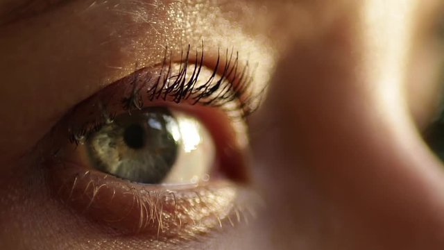 The girl's eye in the sunlight is looking around.