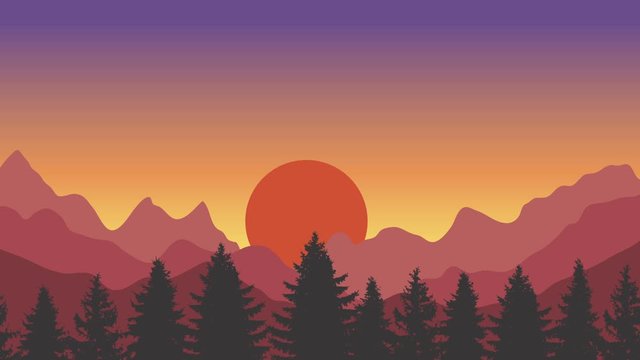 Animated cartoon background. Looped animation of mountain landscape with pine trees. Flat footage with parallax effect. side view