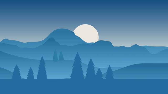 Animated cartoon background. Looped animation of mountain landscape with pine trees. Flat footage with parallax effect. side view